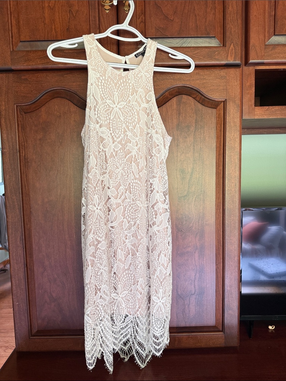 Express Cream Lace Midi Dress with Scallop Hem